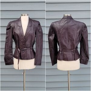 Vintage 70s Egg Plant Dark Purple Bermans Leather Belted Midi Coat Jacket Md